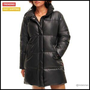Faux Leather Puffer Coat Quilted Water Resistant Mid-Length Chic Winter